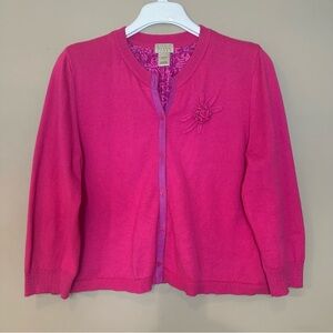 Women Petite Large Pink Cardigan Sweater Silk & Rabbit Barbiecore Flower Girly